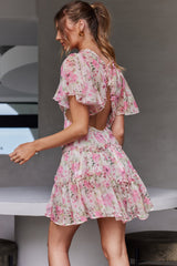 Tres Chic Flutter Sleeve Cut-Out Dress Floral Pink