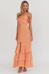 Silvana Frill Trim Split Maxi Dress Orange