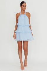 Tulips Tiered Halterneck Mini Dress Baby Blue