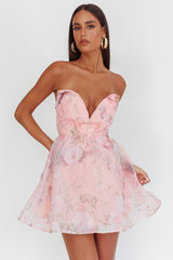 Gem Deep Sweetheart Neckline Mini Dress Floral Pink