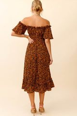Voyager Off-Shoulder Bell Sleeve Midi Dress Leopard Print Brown