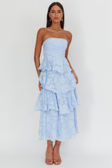 Giavana Strapless Layered Midi Dress Floral Embossed Blue