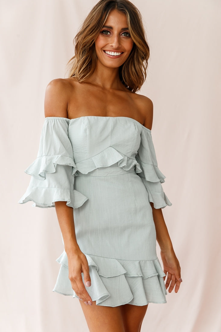 Esmeralda Off-Shoulder Frill Dress Pistachio
