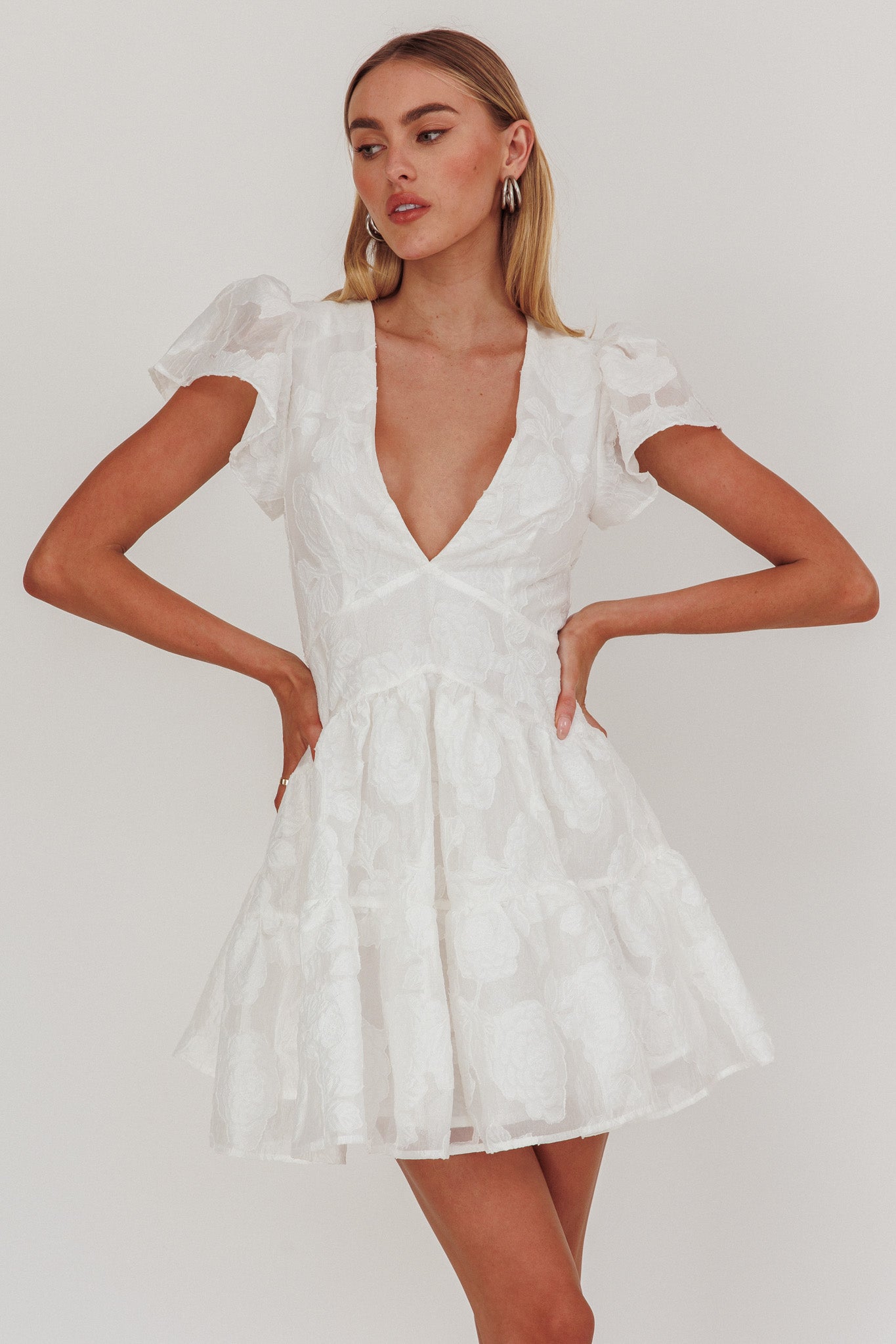 Irenna Ruffle Sleeve V-Neck Mini Dress Textured White