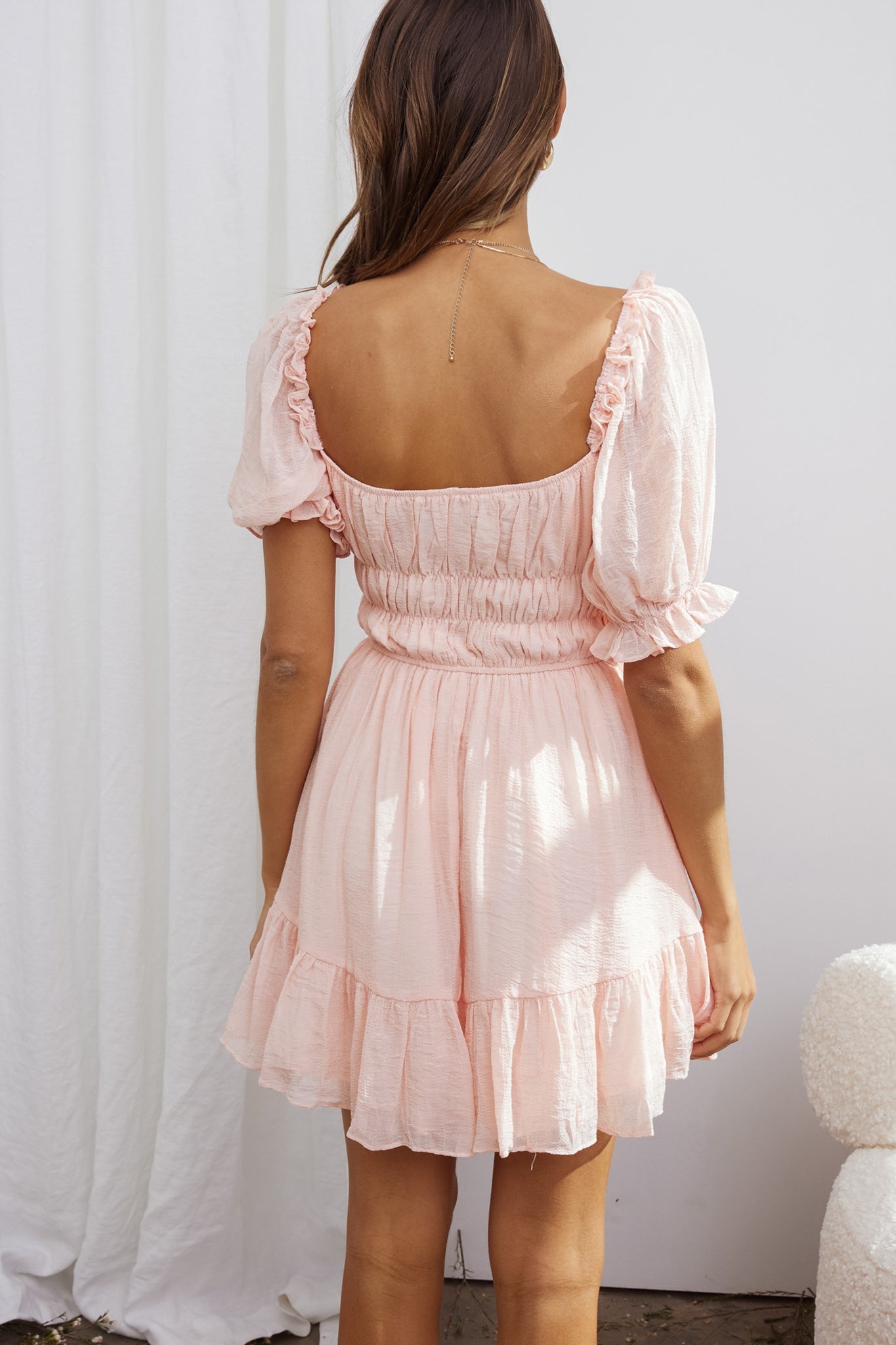 Romantics Shirred Bodice Puff Sleeve Mini Dress Blush
