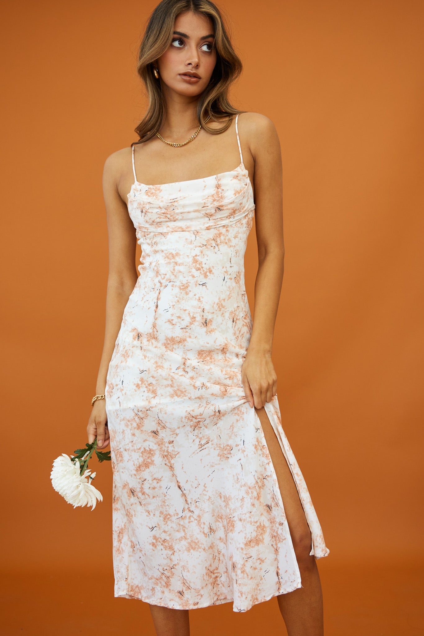 Well Versed Pleated Bust Front Split Dress Mottled Print Orange