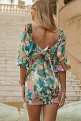 Joie Puff Sleeve Shirred Dress Abstract Print Green