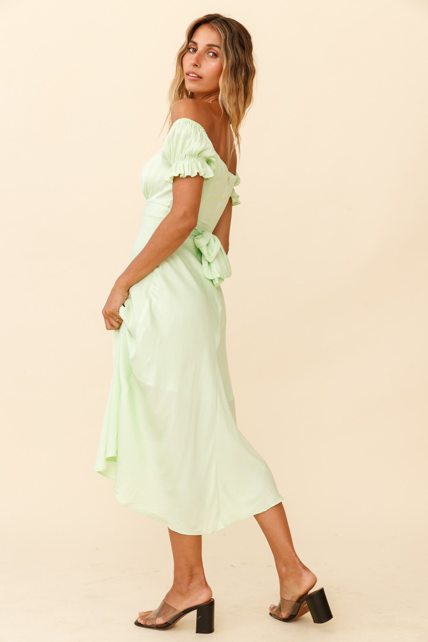 Linka Off-Shoulder Tie Back Midi Dress Apple