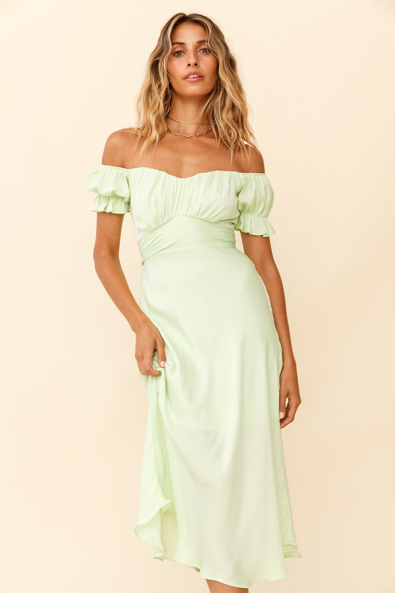 Linka Off-Shoulder Tie Back Midi Dress Apple