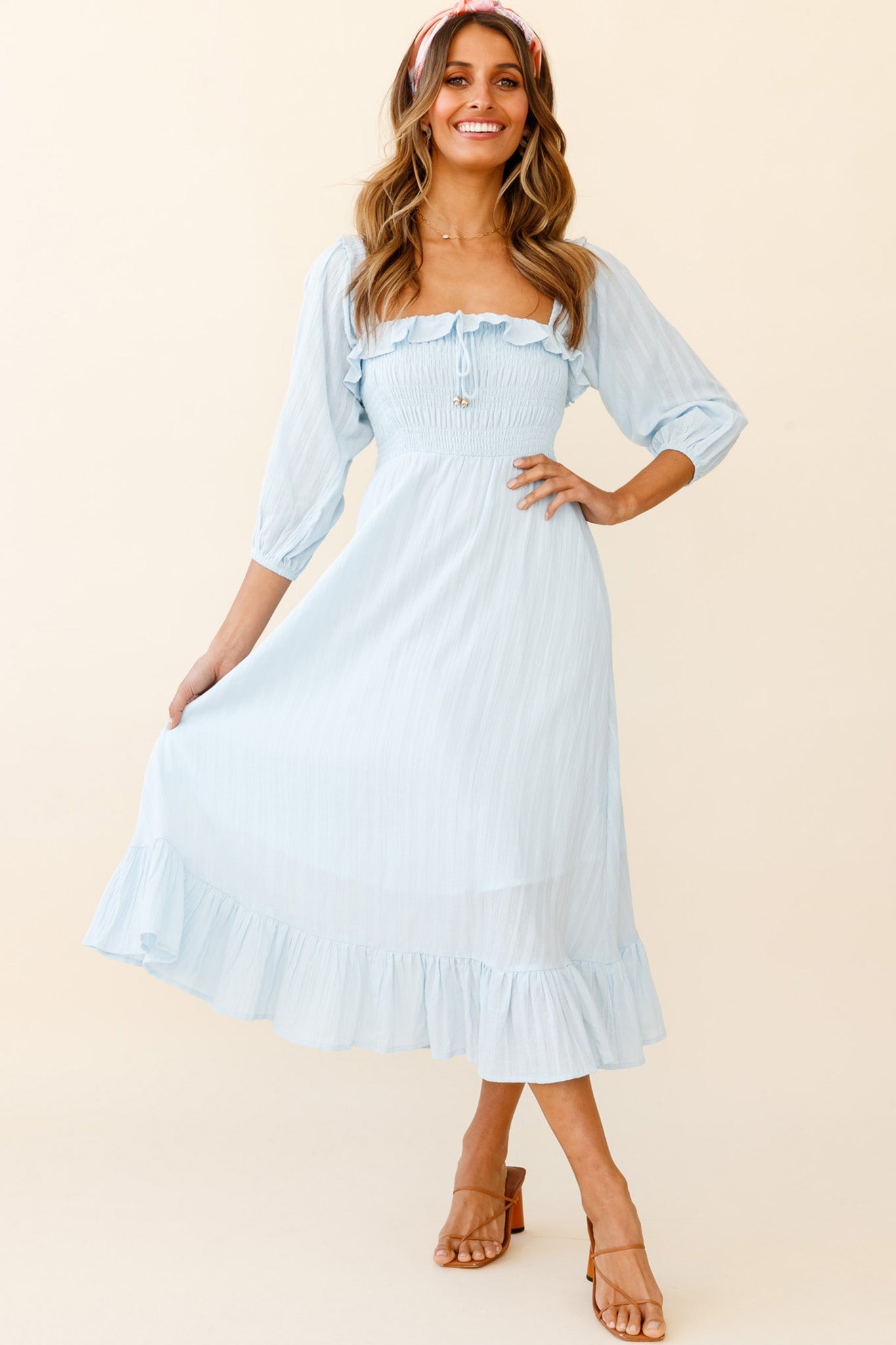Flynn Off-Shoulder Shirred Bust Midi Dress Ice Blue