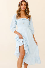 Flynn Off-Shoulder Shirred Bust Midi Dress Ice Blue