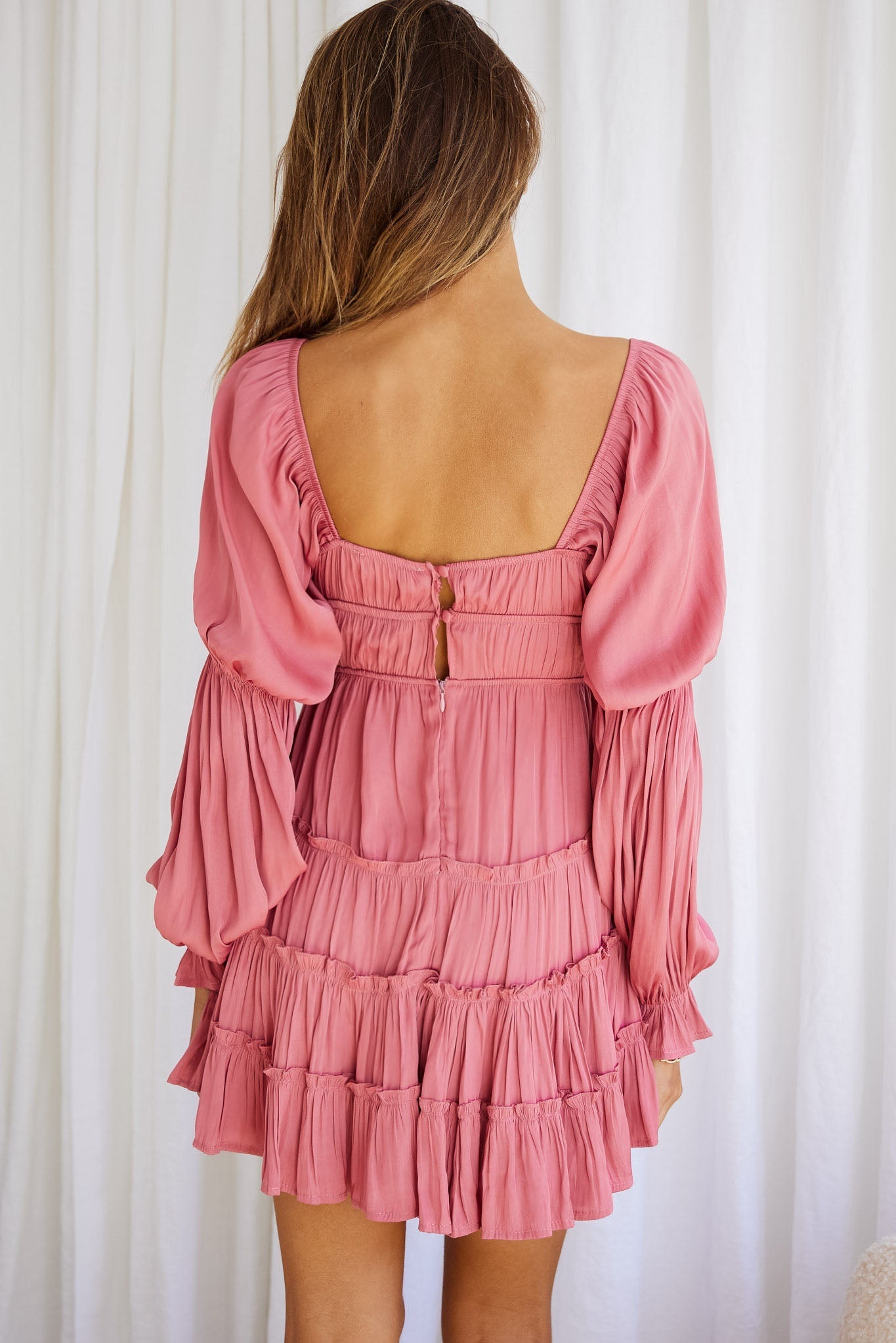 Josephina Lace-Up Front Long Sleeve Mini Dress Blush