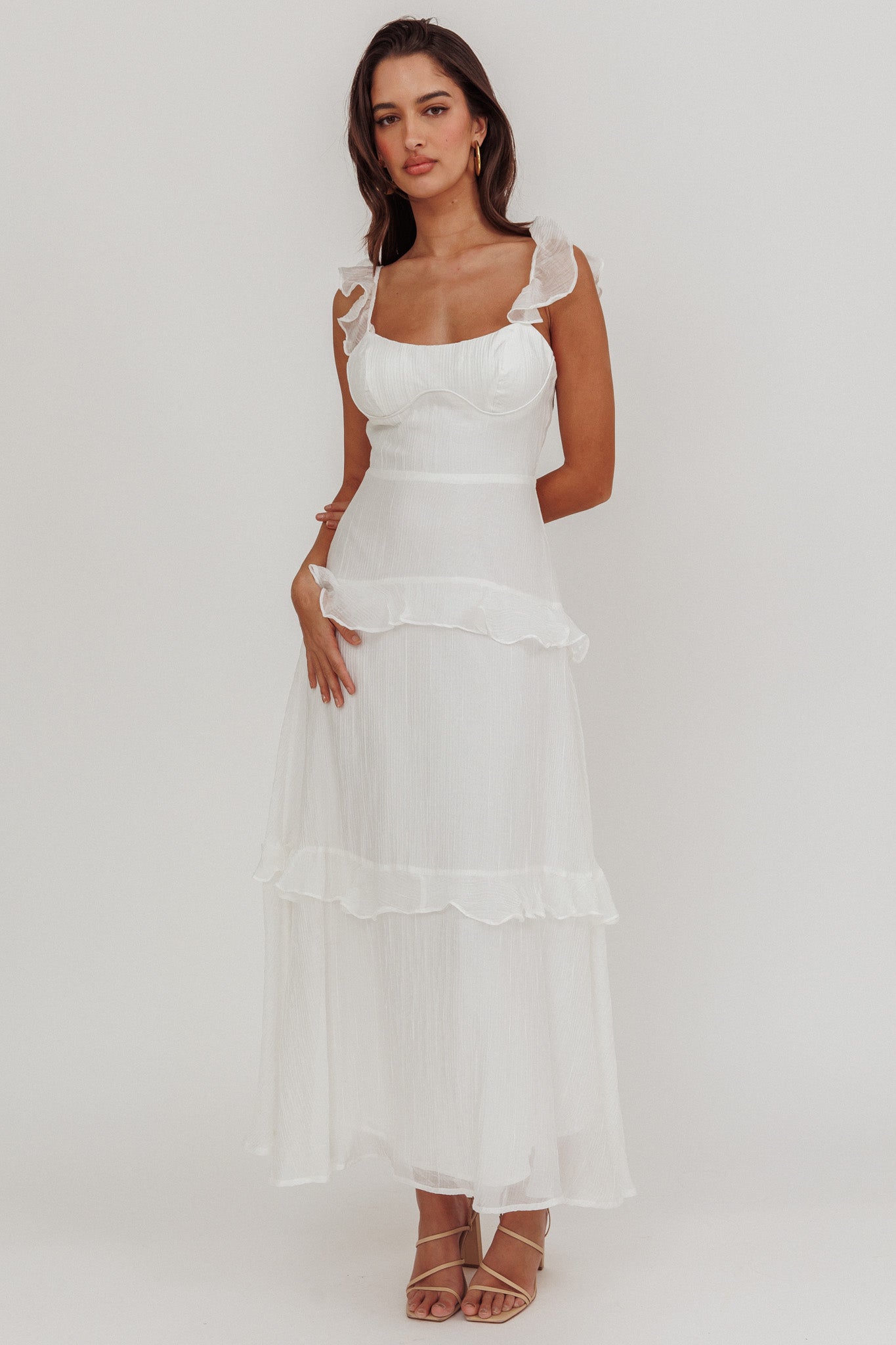 Moonlit Moment Ruffle Trim Lace-Up Back Maxi Dress White