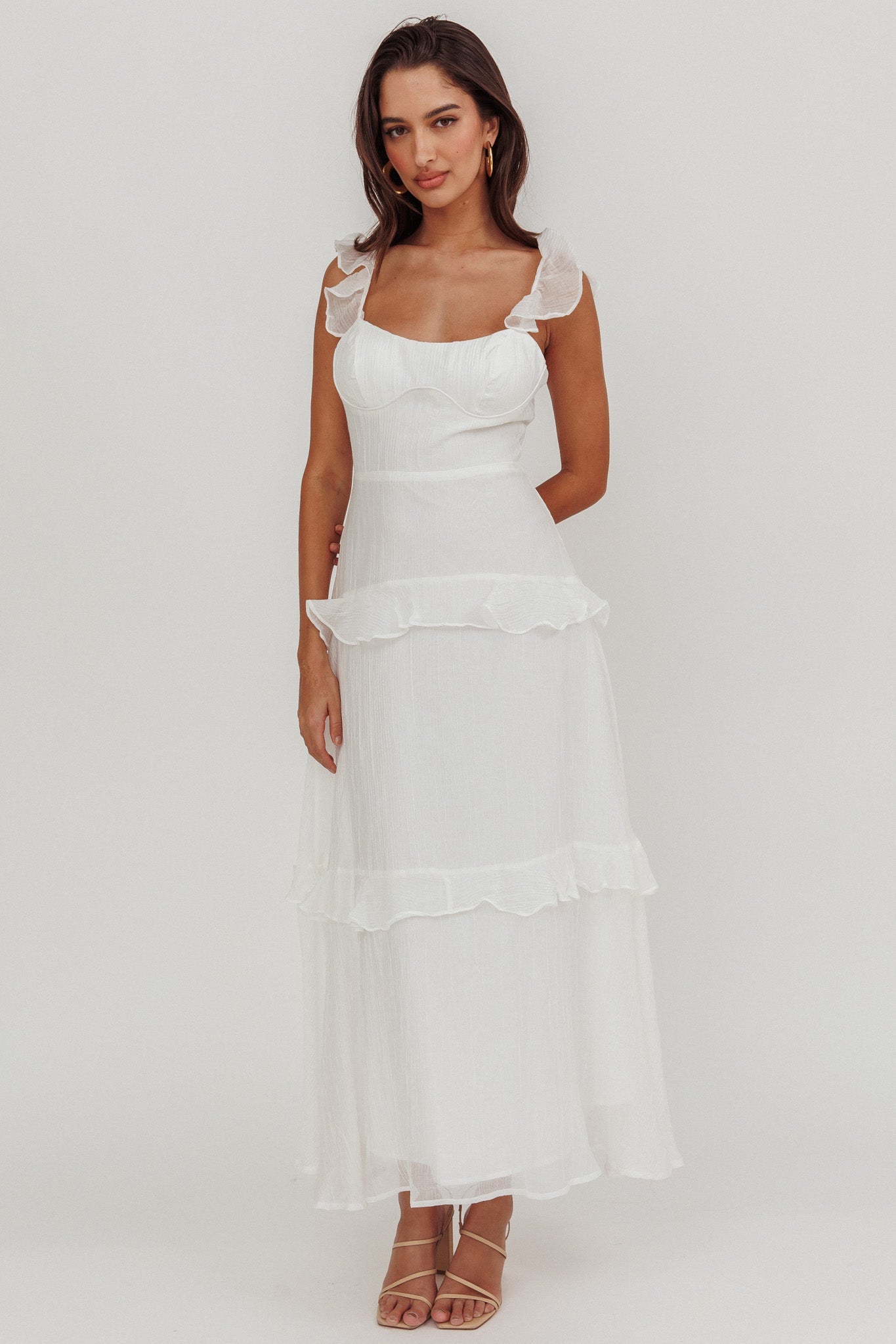 Moonlit Moment Ruffle Trim Lace-Up Back Maxi Dress White