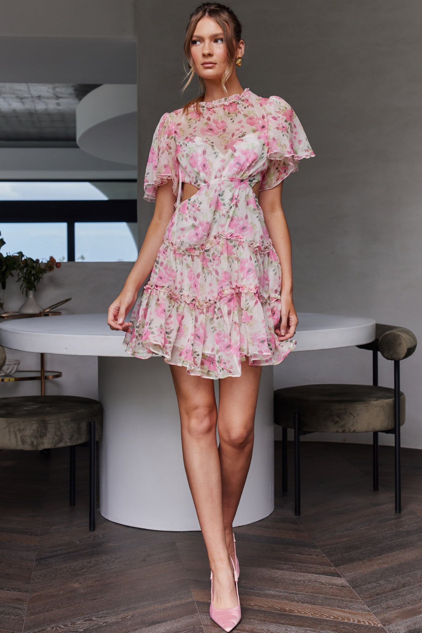 Tres Chic Flutter Sleeve Cut-Out Dress Floral Pink