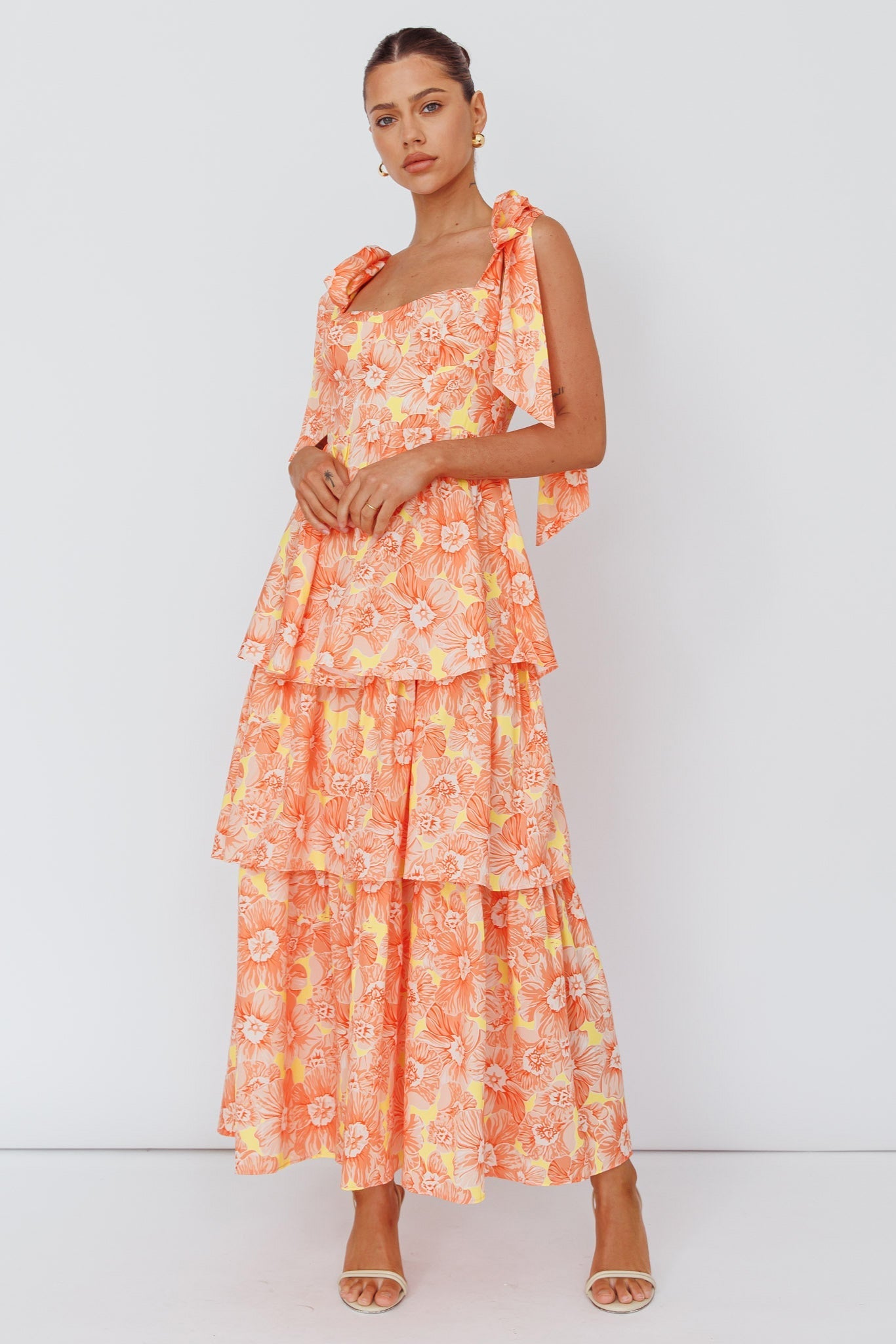 Arlowe Tied Shoulder Tiered Midi Dress Floral Orange