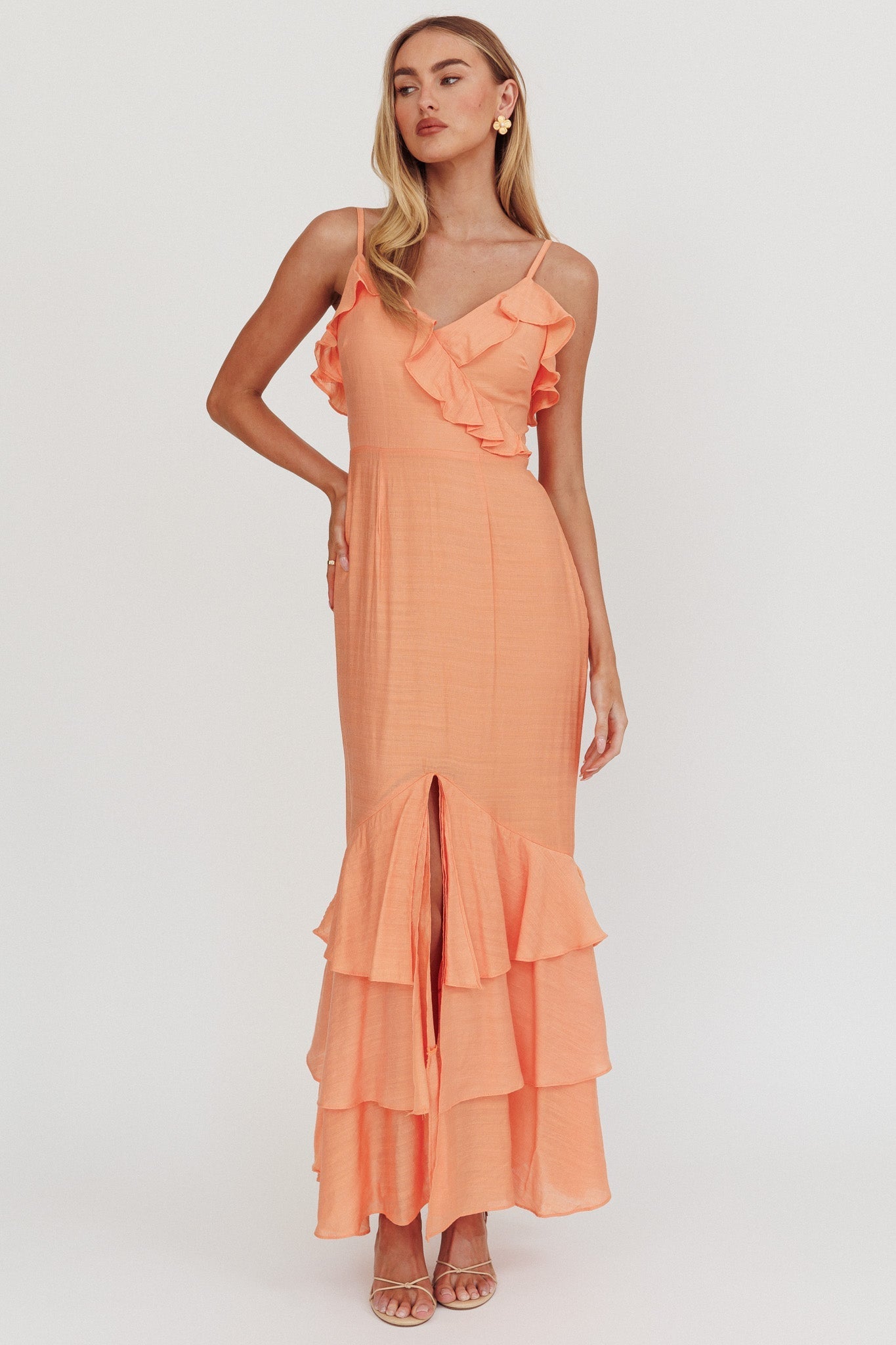 Silvana Frill Trim Split Maxi Dress Orange