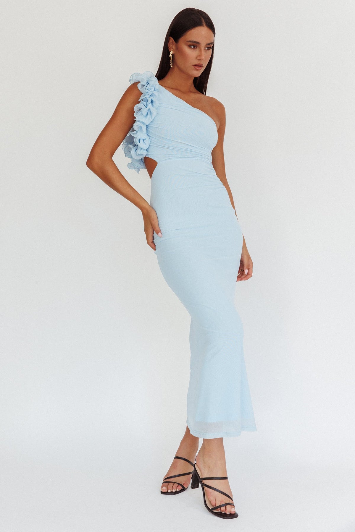Deanna One-Shoulder Ruffle Maxi Dress Light Blue