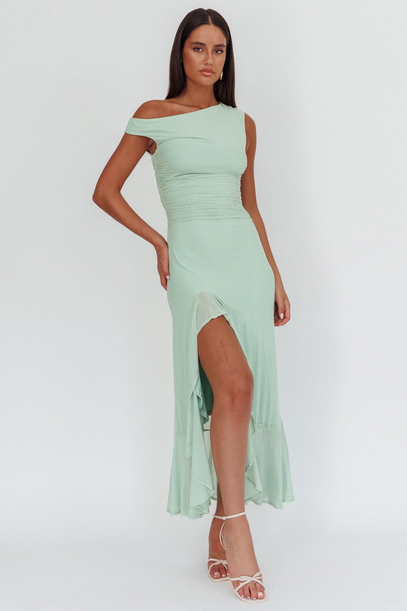 Moonlit Magic Asymmetric Neckline Maxi Dress Sage