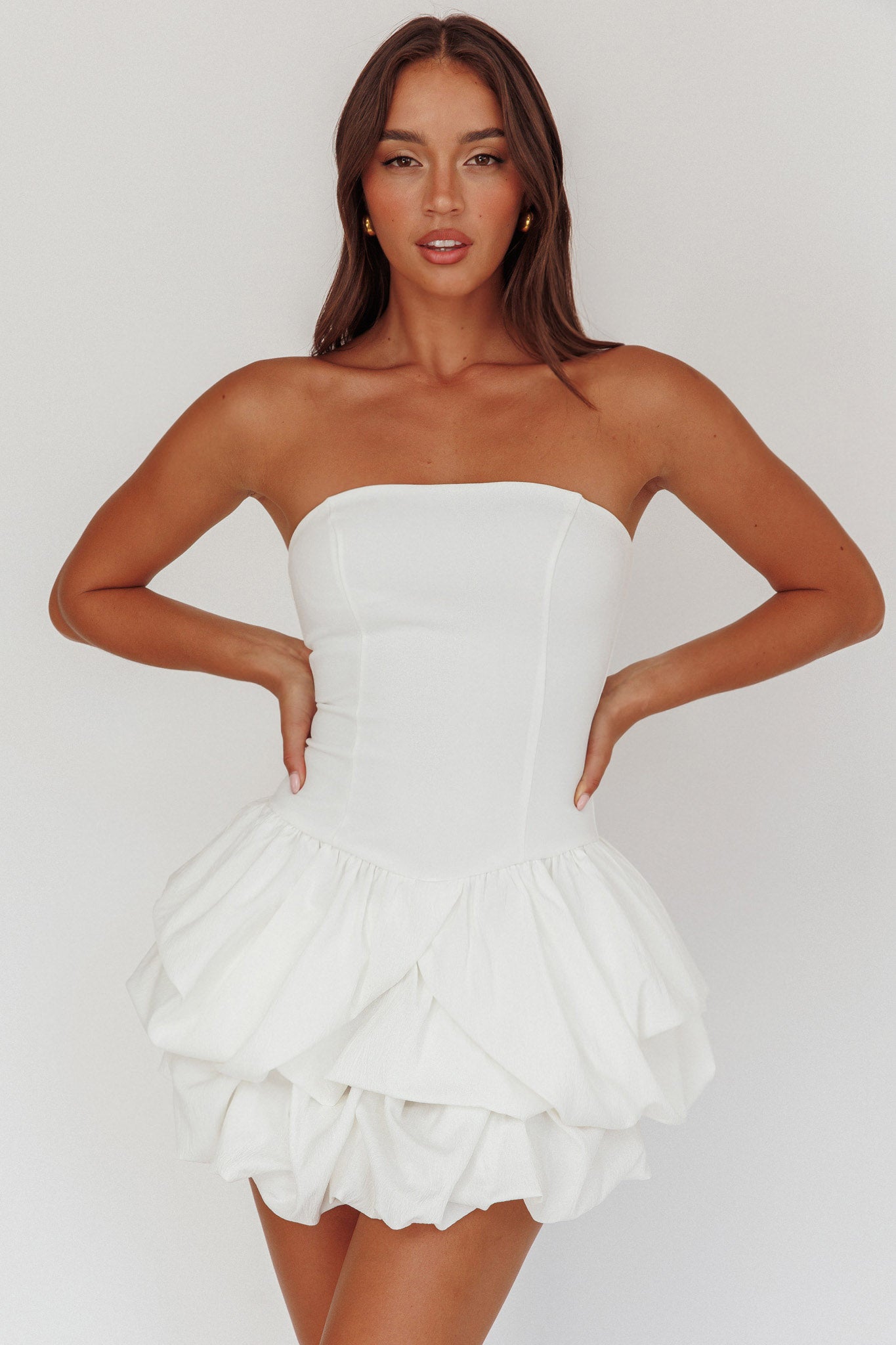 Nefiti Strapless Layered Bubble Hem Dress White