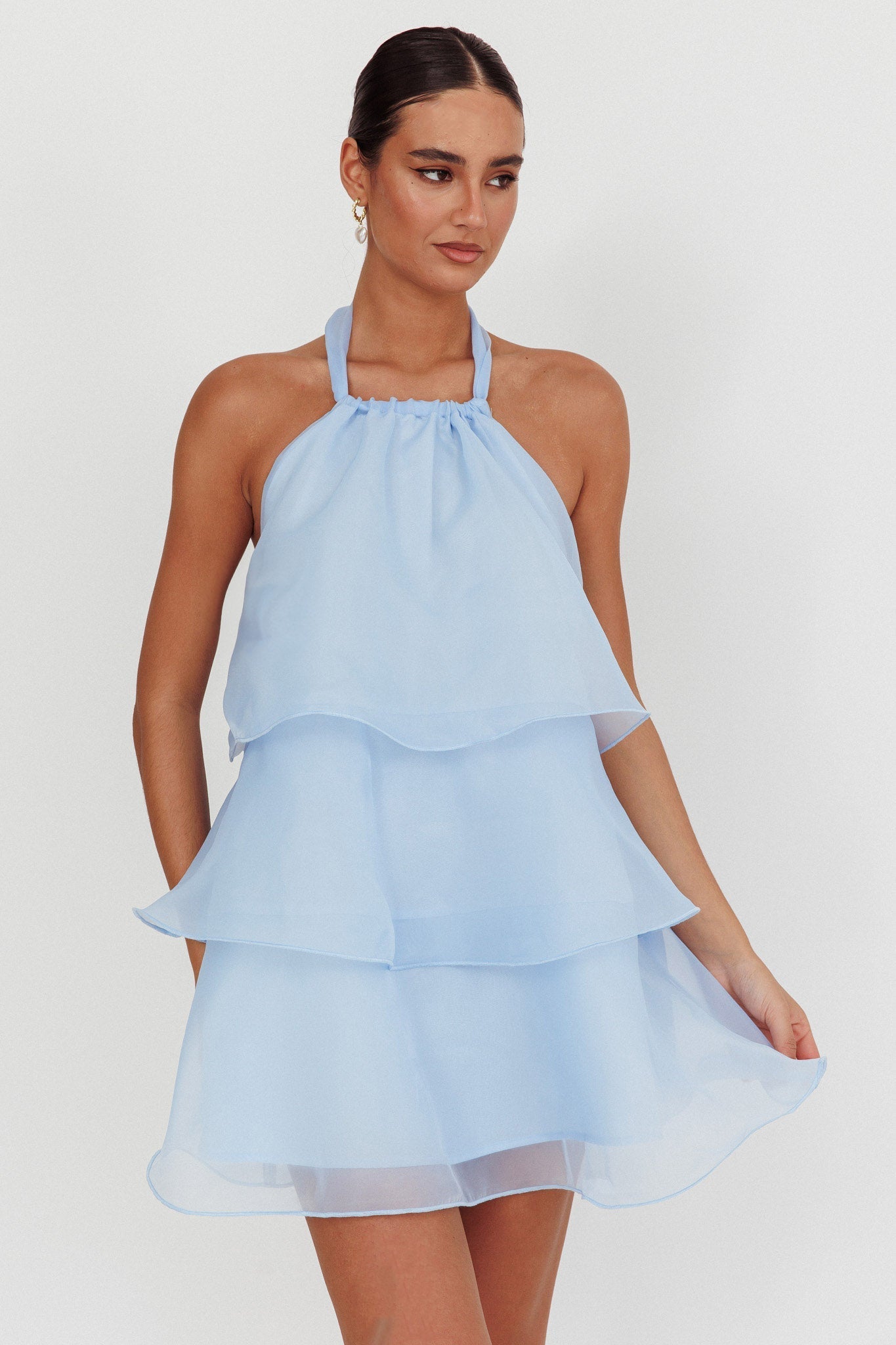 Tulips Tiered Halterneck Mini Dress Baby Blue