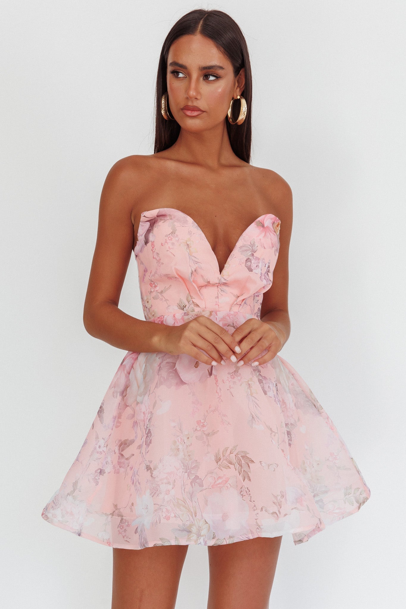 Gem Deep Sweetheart Neckline Mini Dress Floral Pink