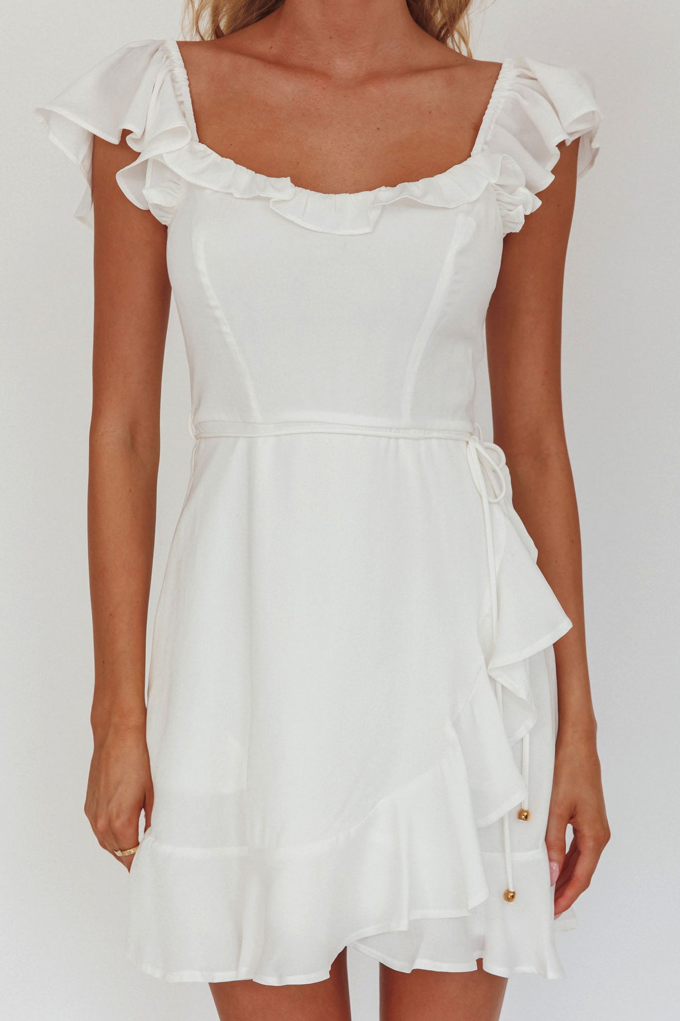 Thinkin' Bout You Ruffle Trim Waist-Tie Dress White