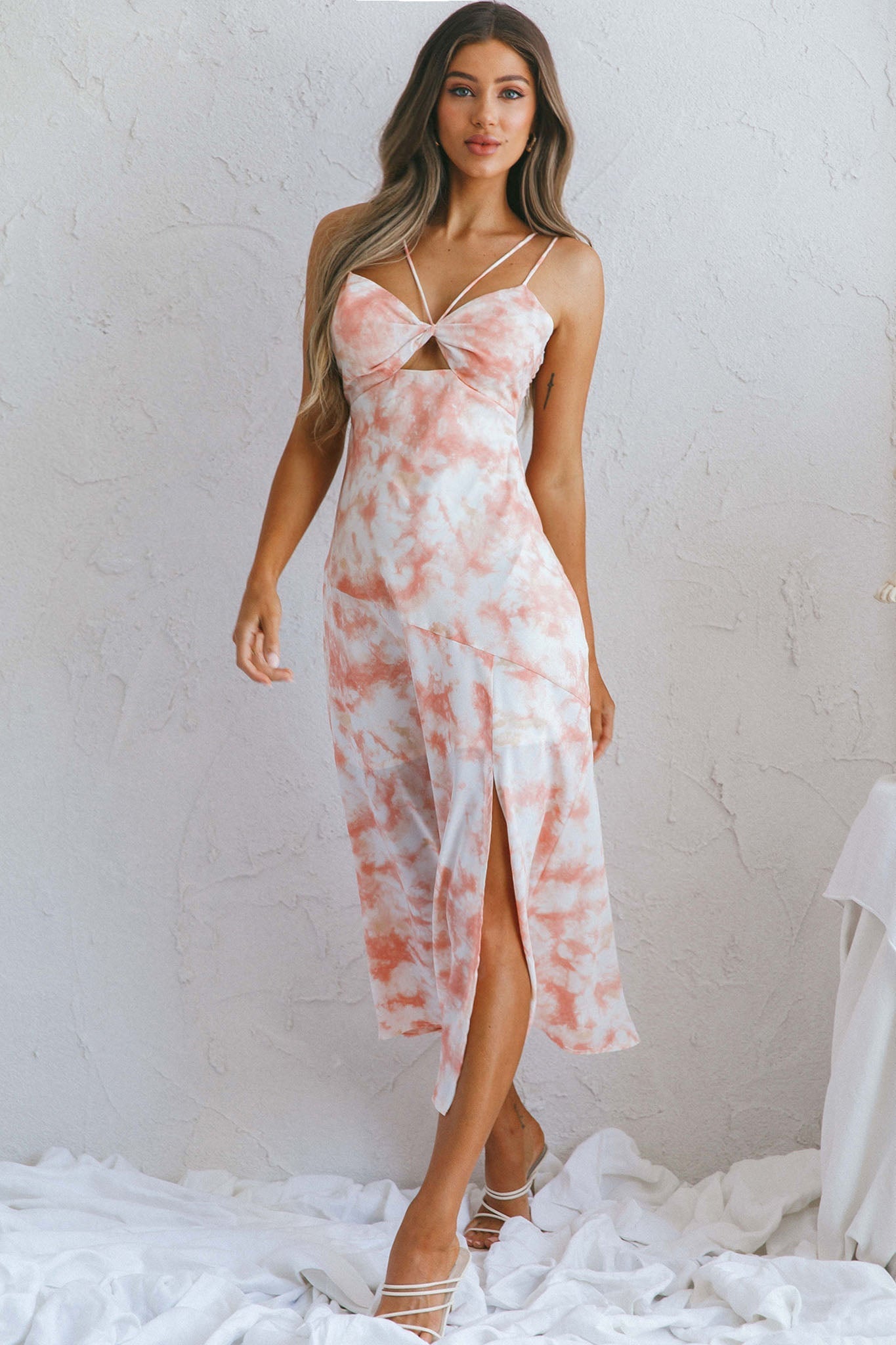 She Reigns Twist Bust Split Midi Dress Tie Dye Pink