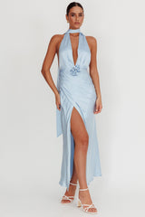 Italia Azure Halterneck Rosette Maxi Dress Blue