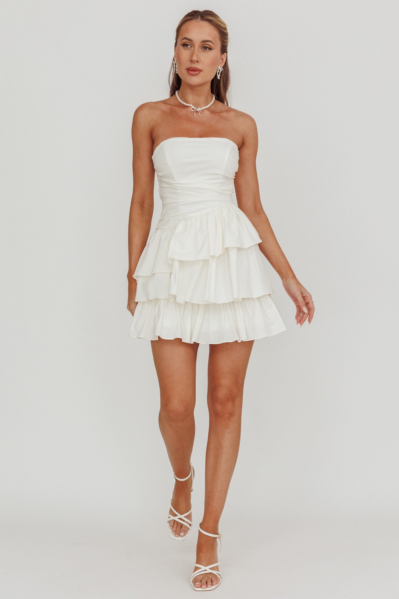 Destini Strapless Layered Frill Mini Dress Off White