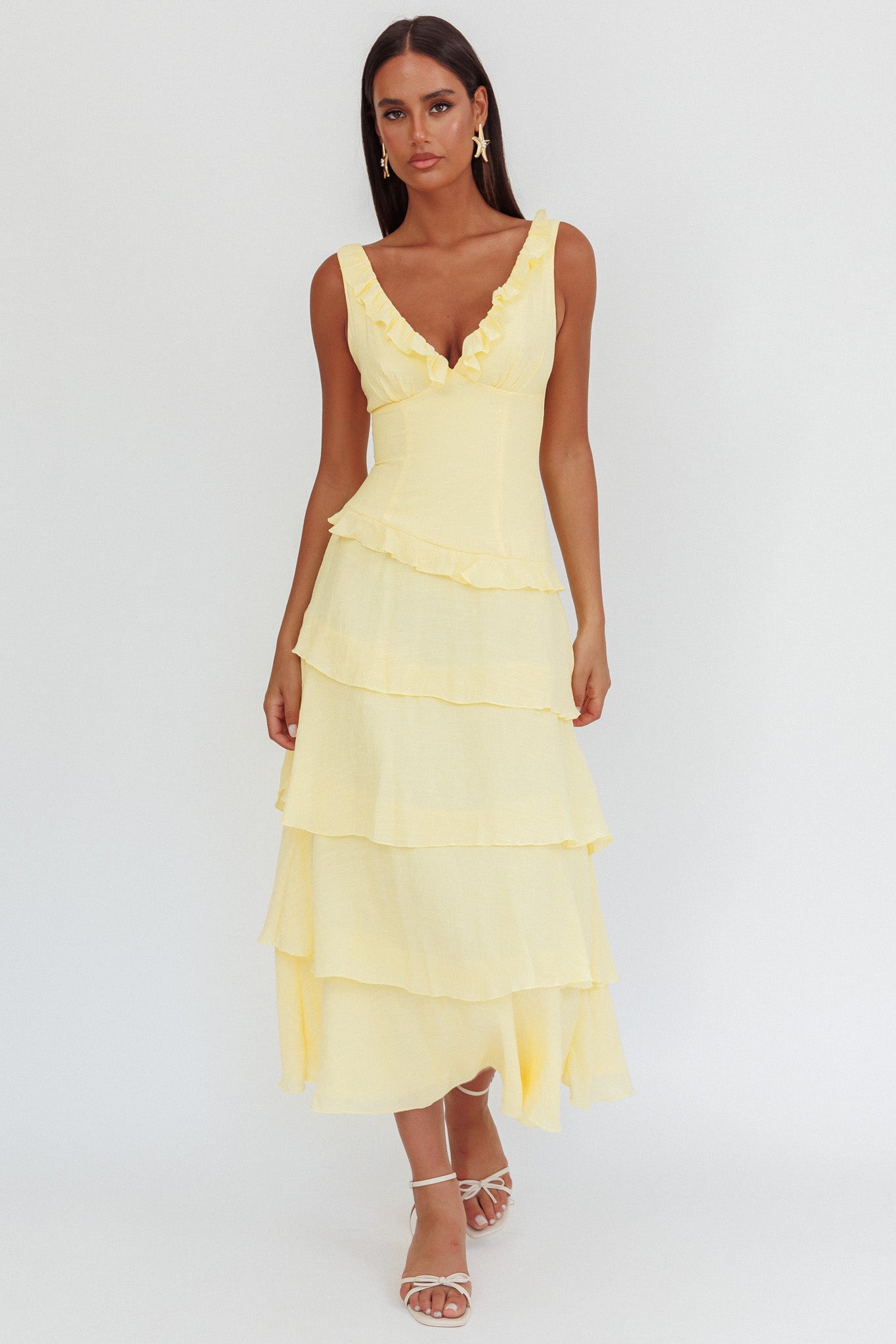 Khlara V-Neck Frill Trim Maxi Dress Butter