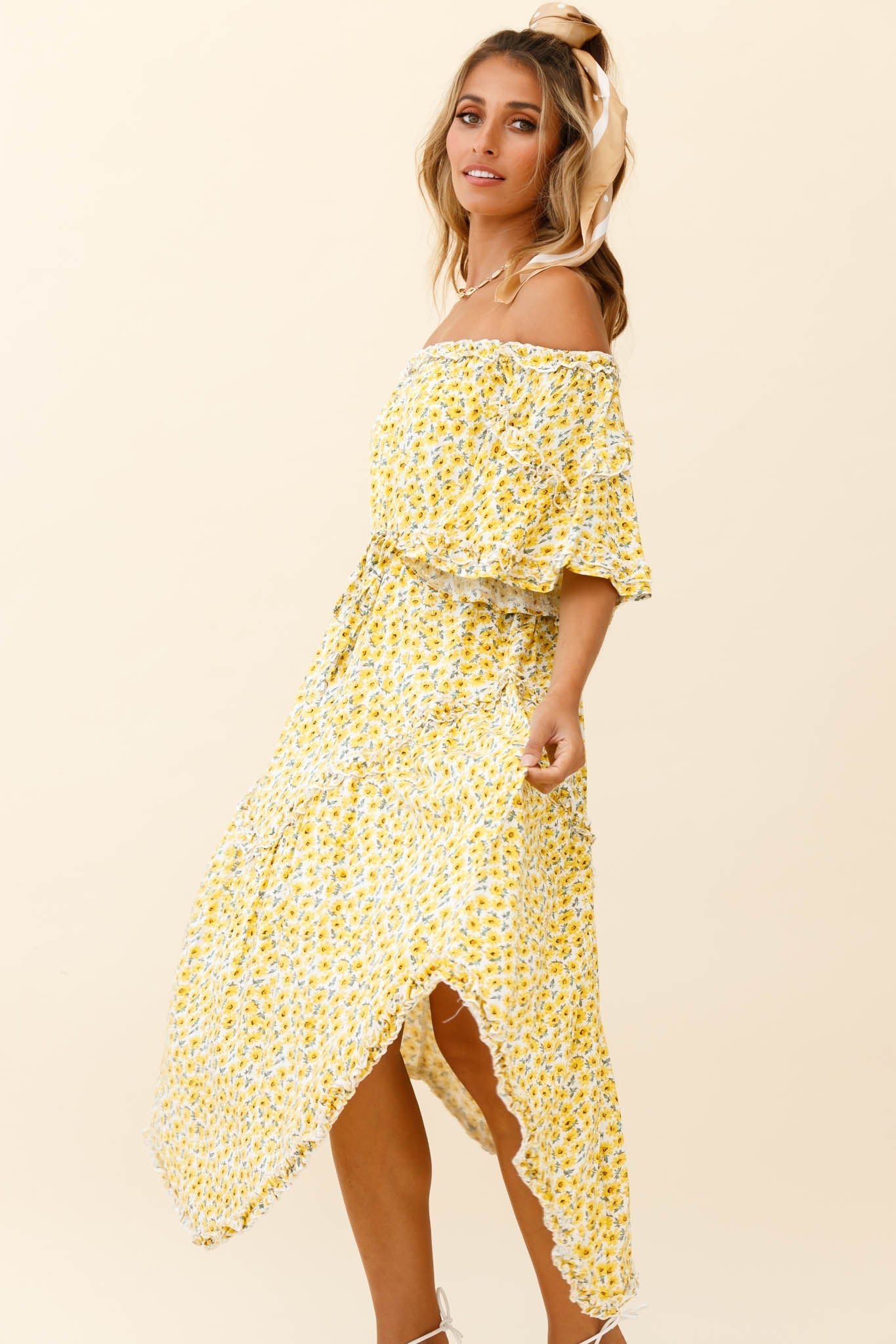 Renoir Off-Shoulder Frill Trim Dress Floral Print Yellow