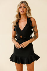 Always Late Cut-Out Waist Ruffle Halterneck Dress Black