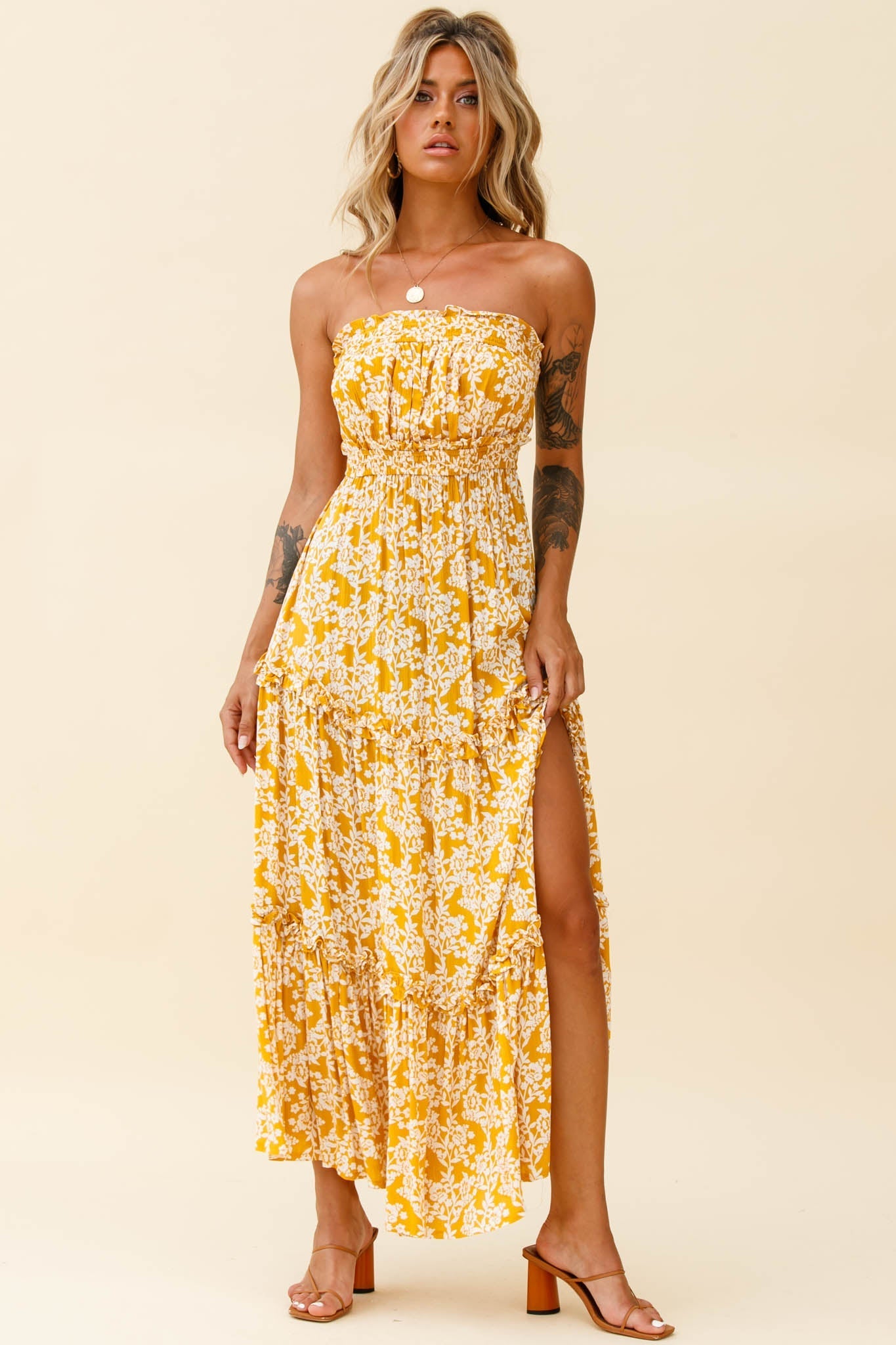 Take Me Away Strapless Maxi Dress Floral Print Mustard