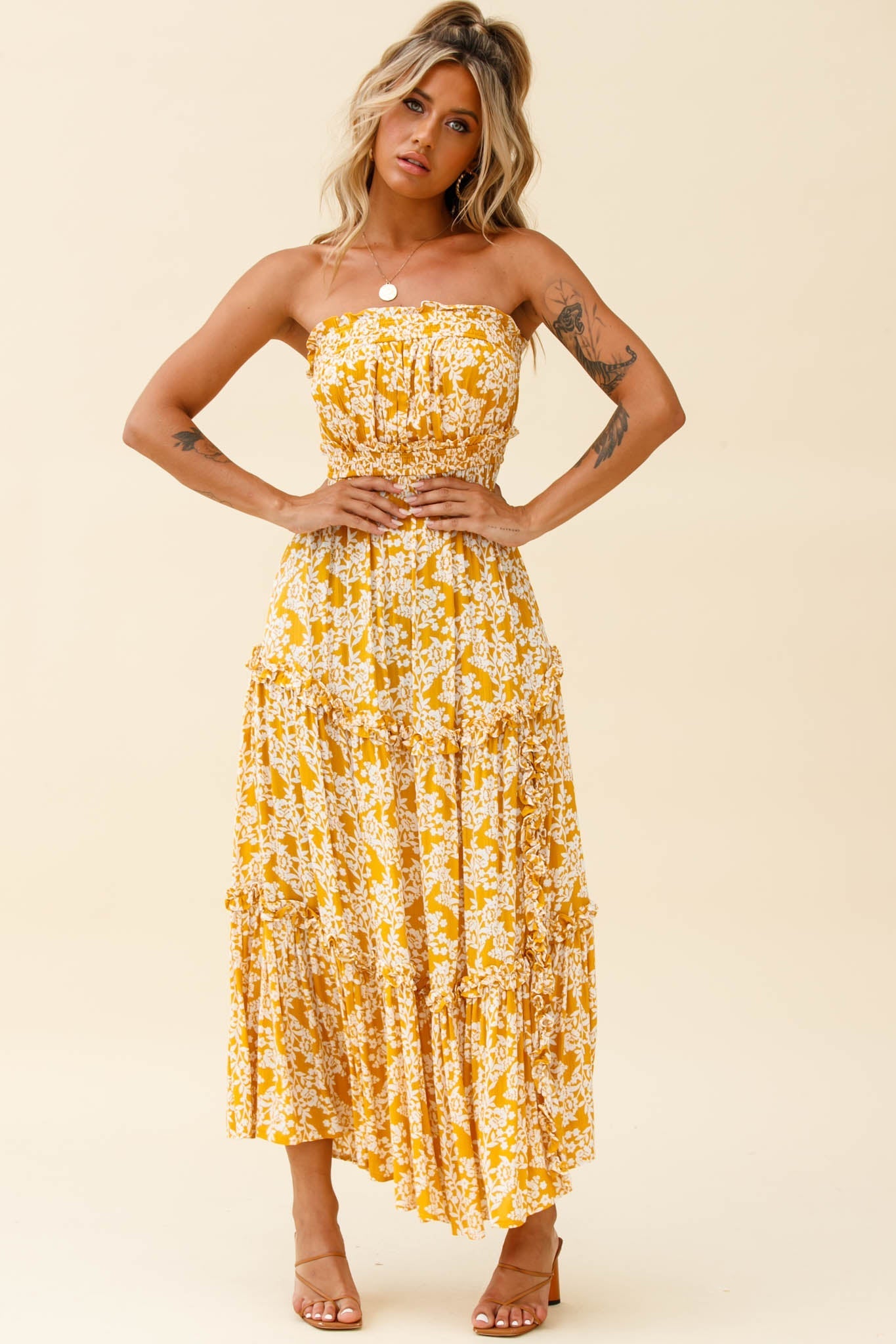 Take Me Away Strapless Maxi Dress Floral Print Mustard