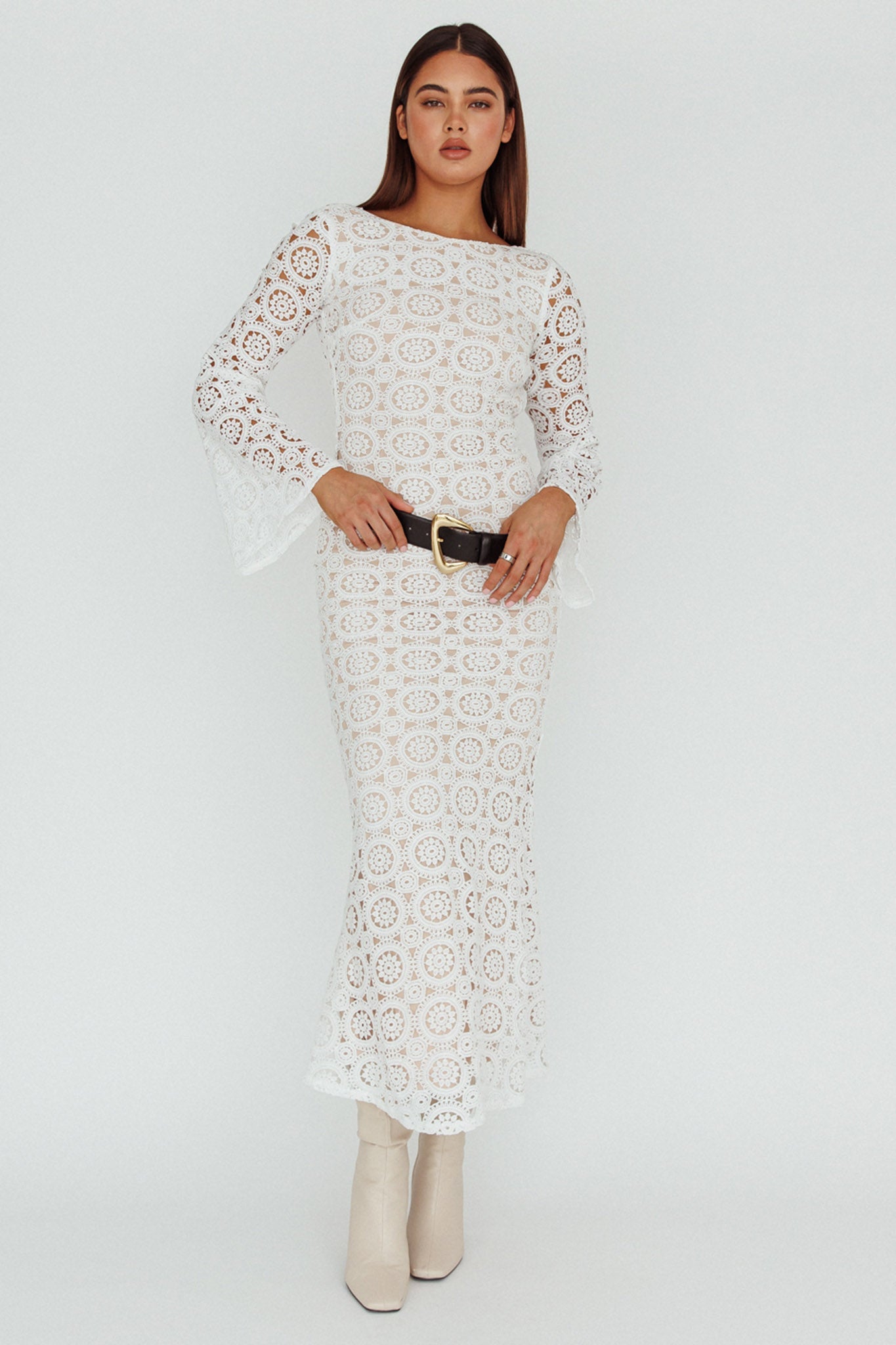 Kasia Long Sleeve Crochet Maxi Dress White