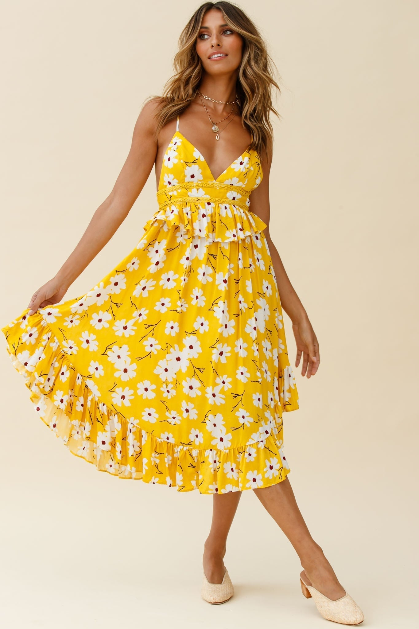 Marigold Peplum Midi Ruffle Dress Floral Print Yellow
