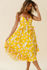 Marigold Peplum Midi Ruffle Dress Floral Print Yellow